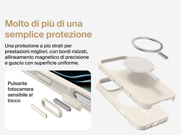 Immagine della custodia Belkin SheerForce Protect Series per iPhone 17 che evidenzia la compatibilit&agrave; con MagSafe e Qi2 per un aggancio magnetico potente a caricabatterie e altri accessori.