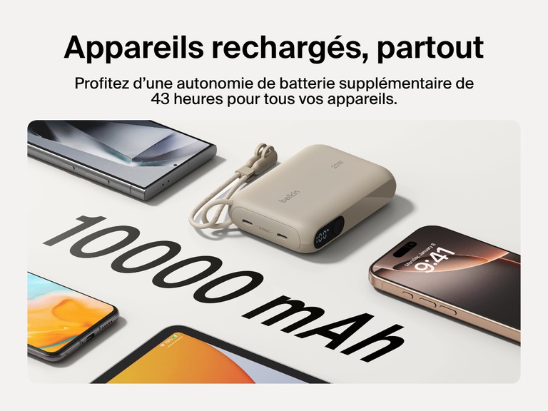 Image d'une batterie externe 10K Belkin BoostCharge avec écran intégré entourée de plusieurs appareils, mettant en avant sa capacité de 10 000 mAh et ses 43 heures d'autonomie supplémentaire lors de déplacements.
