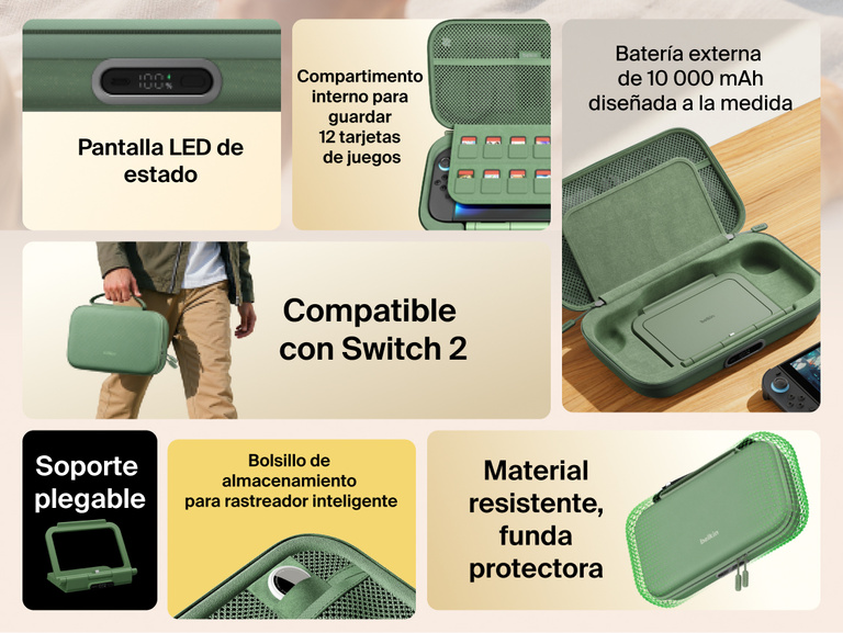 Feature overview of the Belkin Gaming Charging Case Pro for Nintendo Switch 2 highlighting built-in 10K power bank, LED battery indicator, flip-up stand, game card storage, smart tracker pocket, and durable protective design.