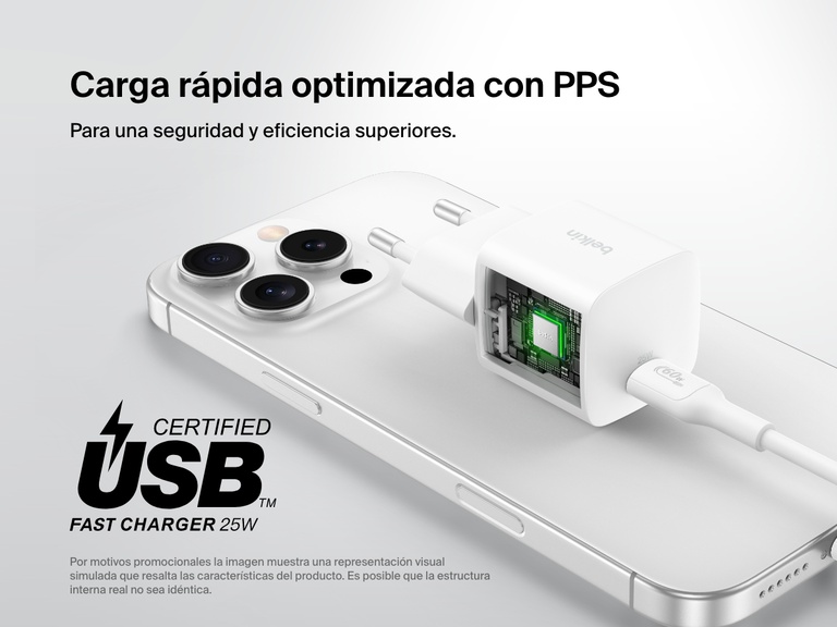 Belkin BoostCharge USB-C Wall Charger 25W shown with a visual cutaway highlighting PPS optimized fast charging for enhanced safety and efficiency.
