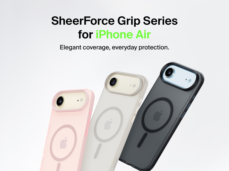 Belkin SheerForce Grip Series protective case for iPhone 17 shown in pink, clear, and black with slim design and MagSafe compatibility.