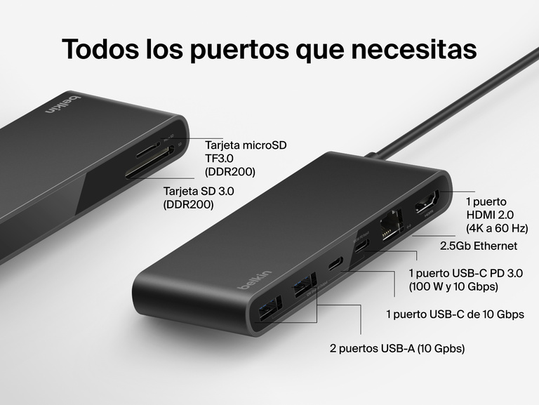 Se muestran la amplia conectividad de puertos que ofrece el hub USB-C de 8 puertos con 2.5Gb Ethernet de Belkin, incluyendo uno HDMI 2.0 (4K a 60 Hz), uno USB-C PD 3.0 (100 W y 10 Gbps), dos USB-A (10 Gbps), lectores de tarjetas SD y microSD y uno Ethernet.
