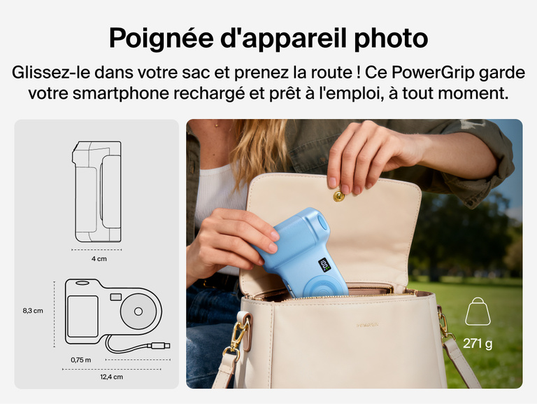 Person placing the Belkin Stage PowerGrip portable magnetic wireless charger into a handbag, shown with product dimensions and lightweight design for easy travel.