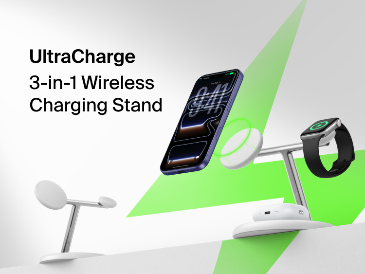 Belkin UltraCharge 3-in-1 Wireless Charging Stand with Qi2 25W front view showing dedicated magnetic phone pad, watch charger, and earbuds base