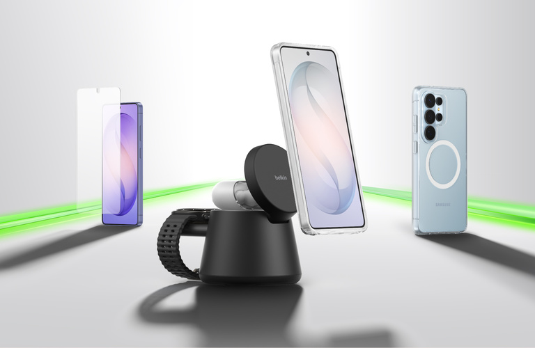 Samsung Galaxy smartphone accessories including a screen protector, magnetic wireless charger with earbuds and watch, and a clear magnetic case displayed together on a modern surface.
