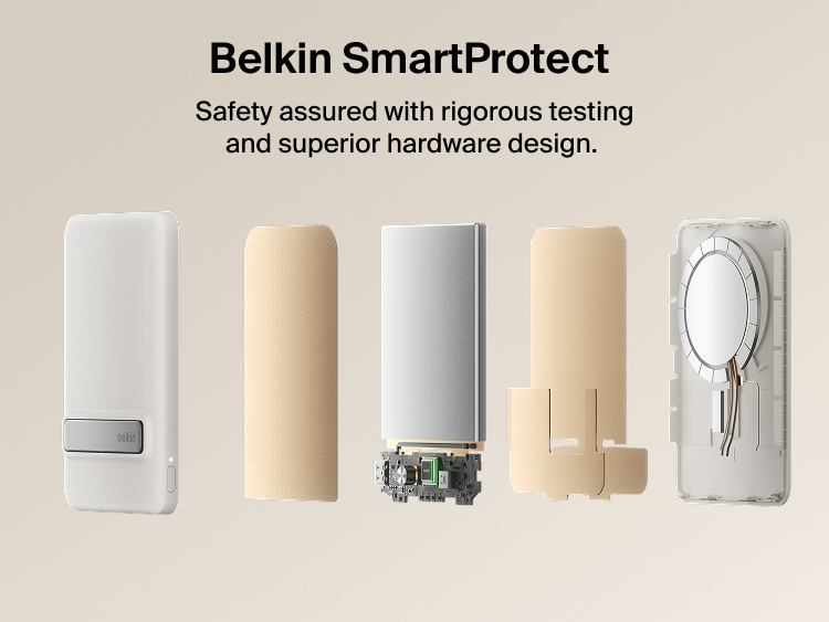 Belkin BoostCharge Slim Magnetic Power Bank 5K with Qi2 shown with Belkin SmartProtect internal components designed for safe, reliable charging performance.