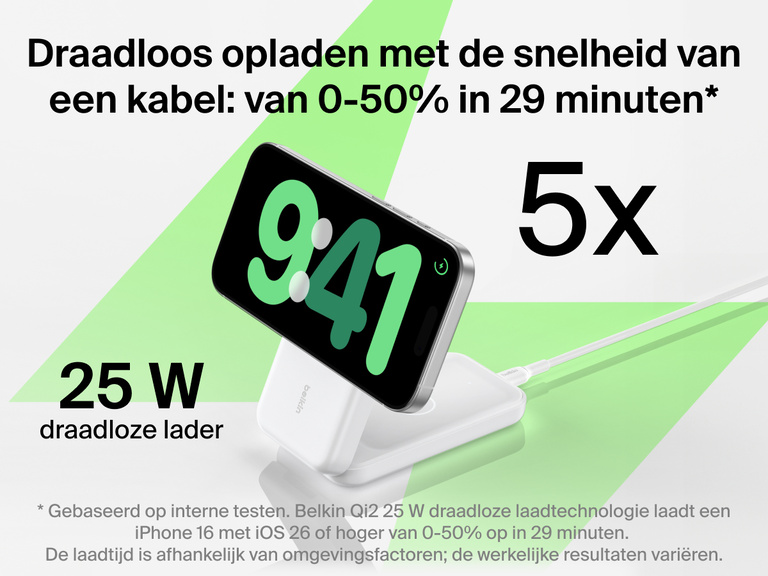 De Belkin UltraCharge 3-in-1 uitklapbare magnetische lader met Qi2 25W biedt draadloos opladen met de snelheid van een kabel en laadt apparaten van 0 tot 50% op in 29 minuten.