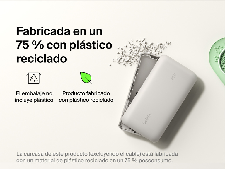 Belkin UltraCharge 20K 45W power bank with integrated cable made with recycled materials and plastic-free packaging for a more sustainable charging solution