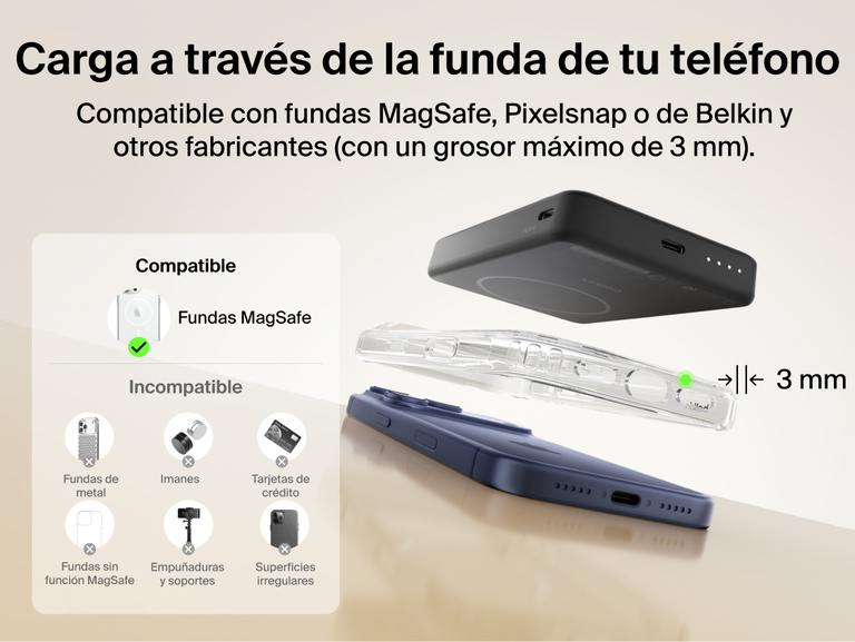 Slim Magnetic Power Bank 10K with Qi2 hovering above smartphone with case demonstrating compatibility and magnetic alignment