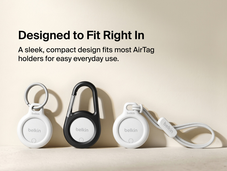 Belkin SureFind Spot shown with key ring, carabiner and lanyard-style AirTag holders to demonstrate its compact, versatile design.