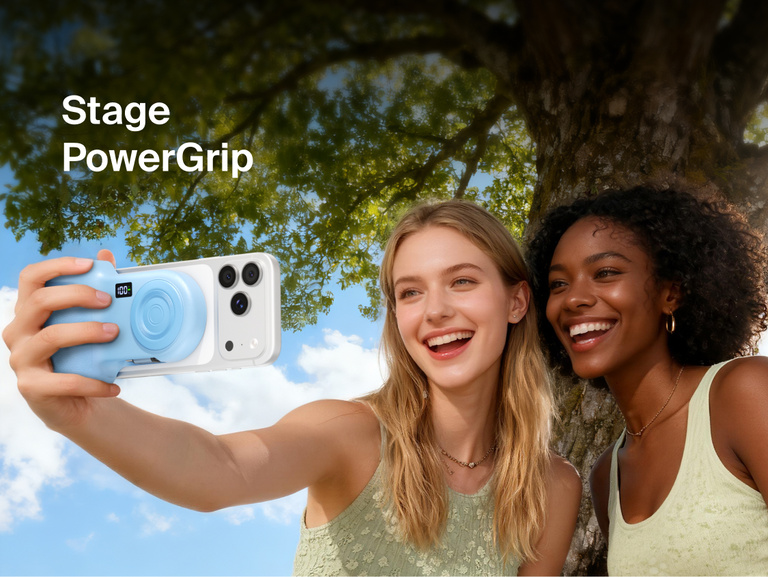 Belkin Stage PowerGrip portable wireless charger in black, white, and blue variants displayed against a light gradient background, each showing a digital battery indicator.