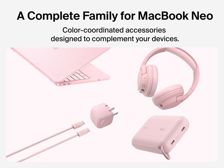 Belkin charging accessories for MacBook Neo include a compact USB-C charger, braided USB-C cable, headphones, and power bank designed to complement compatible devices.