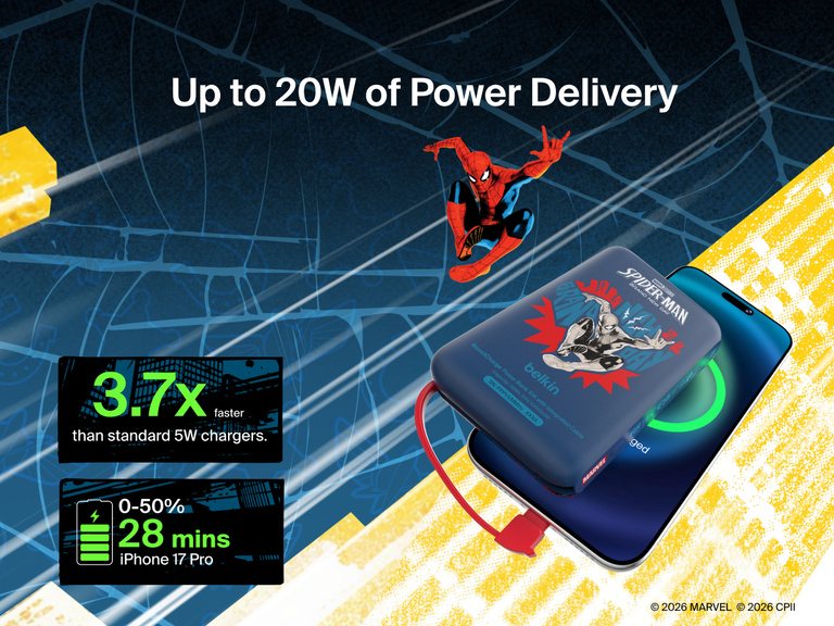 Belkin BoostCharge Power Bank 10K with Integrated Cable delivers up to 20W USB-C Power Delivery for fast charging compatible devices.
