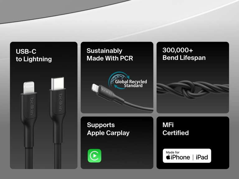 Feature overview of the Belkin BoostCharge USB-C Cable with Lightning Connector, highlighting its MFi certification, Apple CarPlay support, 300,000+ bend lifespan, and use of recycled materials.