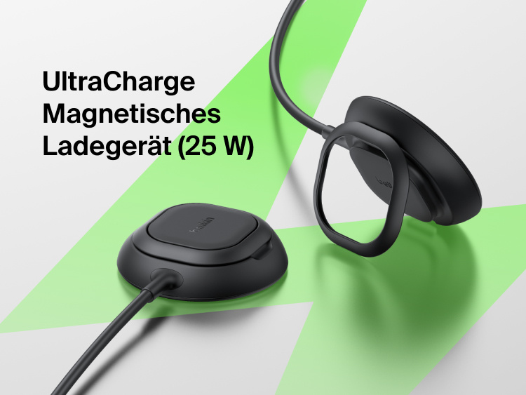 Das magnetische Belkin UltraCharge Ladeger&auml;t mit Qi2 25W wird als stylisches, magnetisches Ladepad und Ladest&auml;nder gezeigt, das schnelles, sicheres, induktives Laden erm&ouml;glicht.