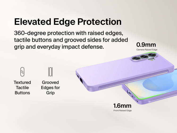 Belkin SheerForce Protect Series Case for Samsung Galaxy S26 featuring elevated edge protection with raised camera and screen edges, tactile buttons, and grooved sides for enhanced grip and everyday impact defense.