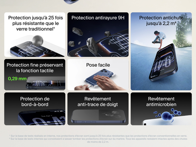 Belkin ScreenForce UltraGlass 2 Screen Protector with 25x stronger glass, 9H scratch resistance, 7.2 ft drop protection, ultra-thin 0.29mm design, edge-to-edge coverage, anti-fingerprint, antimicrobial treatment, and easy application.