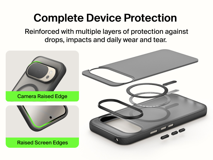 Belkin Grip Series Case for Google Pixel 11 with reinforced multilayer protection, raised camera and screen edges, and exploded-view construction.