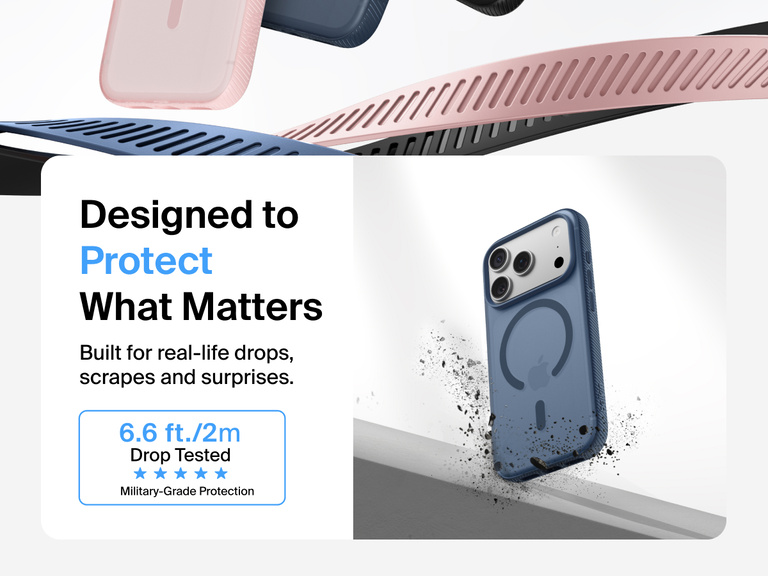 Belkin SheerForce Grip Series Case for iPhone 17 shown with textured grip and impact protection against drops.