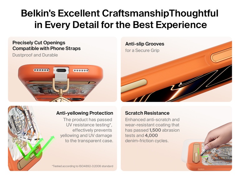 Belkin SheerForce Grip Series Case for iPhone 17 with MagSafe ring, raised edges, and floating tinted buttons for precision protection.