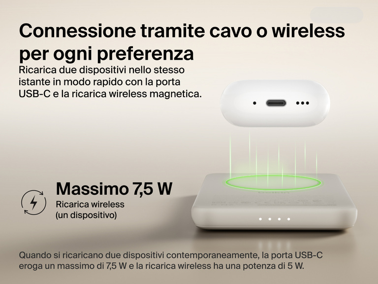 Belkin BoostCharge Slim Magnetic Power Bank 5K shown wirelessly charging earbuds, demonstrating 7.5W max magnetic wireless charging for single-device power.