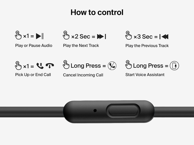 Visual guide showing the in-line control functions of Belkin Wired On-Ear Headphones for Kids, including audio playback, call handling, voice assistant activation, and track navigation.