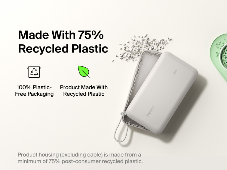 Belkin UltraCharge 20K 45W power bank with integrated cable made with recycled materials and plastic-free packaging for a more sustainable charging solution