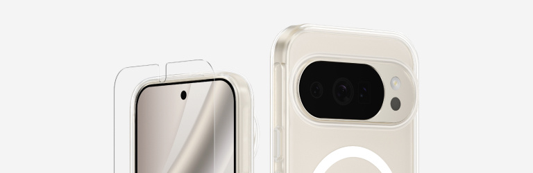 Google Pixel 11 with a clear MagSafe-compatible case and screen protector displayed on a light background.