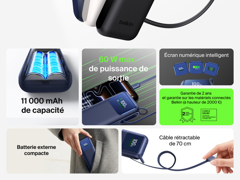 Grille des caract&eacute;ristiques de la batterie externe 11K UltraCharge avec c&acirc;ble r&eacute;tractable, mettant en avant sa capacit&eacute; de 11&nbsp;000&nbsp;mAh, son format de poche, sa puissance de sortie maximale de 60&nbsp;W, son c&acirc;ble r&eacute;tractable de &nbsp;cm, son &eacute;cran num&eacute;rique intelligent et sa garantie de 2&nbsp;ans compl&eacute;t&eacute;e par la garantie Belkin sur les appareils connect&eacute;s (&agrave; hauteur de 2&nbsp;000&nbsp;&euro;).