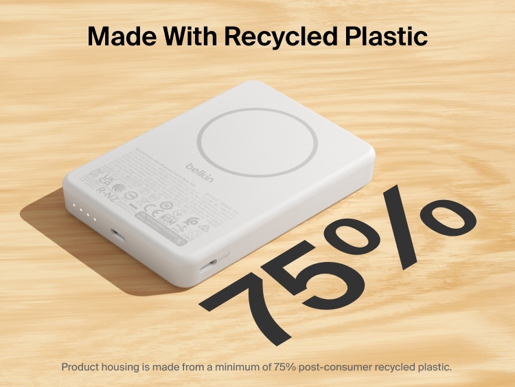 Belkin BoostCharge Slim 磁吸式行動電源 10K 亮點在於其纖薄磁吸式外殼，由 75% 消費後再生塑料製成，配備 USB-C 連接埠