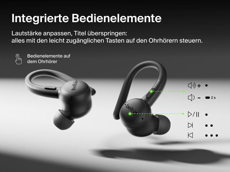 Belkin SoundForm ActiveFit Wireless Earbuds with secure ear hooks and built-in on-ear button controls for volume, track skipping, and playback.