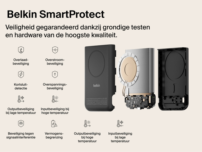 Belkin UltraCharge Pro Power Bank 10K with magnetic ring shown attached to a smartphone, highlighting a precharged battery and ready-to-use portable wireless charging straight out of the box.