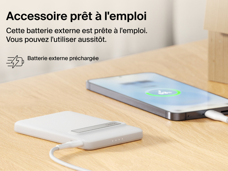 Belkin BoostCharge Slim Magnetic Power Bank 5K with Qi2 shown precharged and ready to deliver fast, portable wired or magnetic wireless charging straight out of the box.