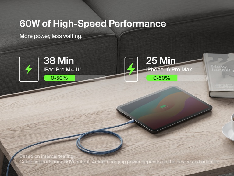 Belkin BoostCharge Pro Braided USB-C to USB-C Cable 60W delivers high-speed charging, powering an iPhone 16 Pro Max to 50% in 25 minutes and an iPad Pro M4 11” in 38 minutes.