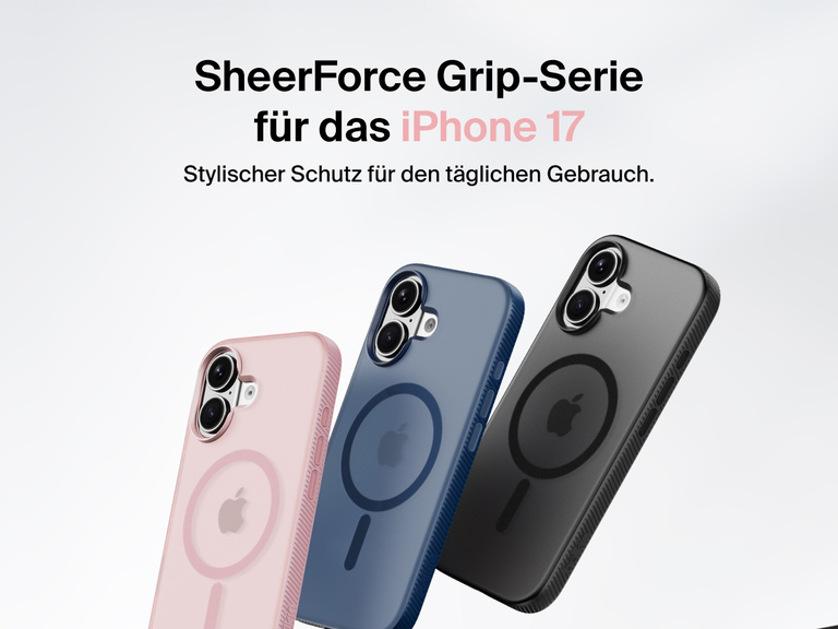 Belkin SheerForce Grip Series protective case for iPhone 17 shown in pink, clear, and black with slim design and MagSafe compatibility.