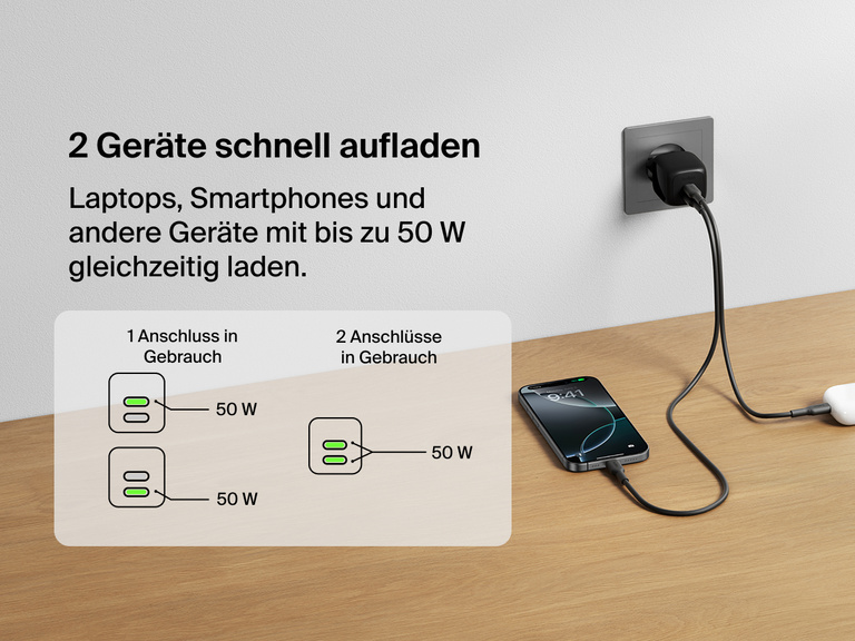 Das Belkin BoostCharge Pro USB-C-GaN-Ladegerät mit zwei Anschlüssen (50 W) ist an eine Steckdose angeschlossen und lädt gleichzeitig ein Smartphone und einen kabellosen Kopfhörer. In einem Diagramm wird die schnelle Stromversorgung für ein bzw. zwei Geräte veranschaulicht.