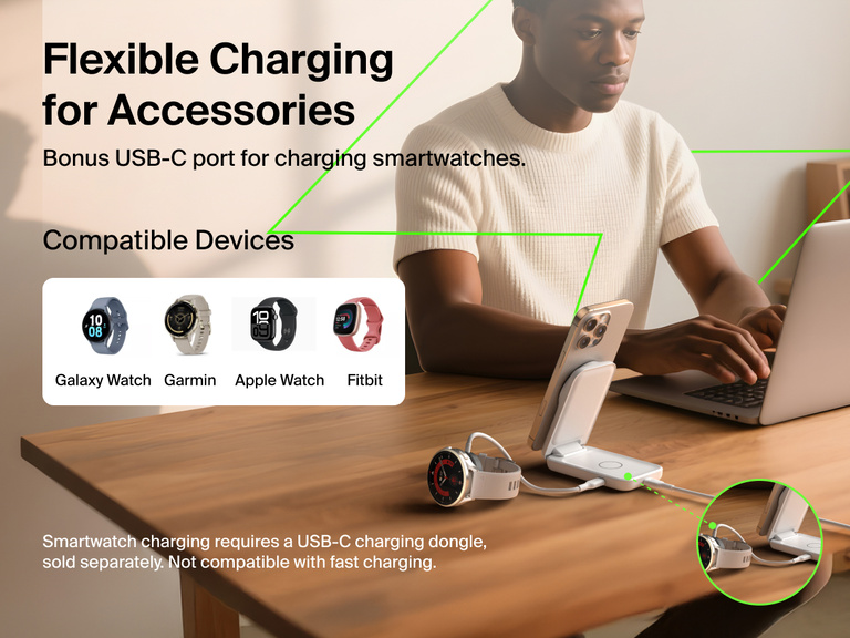 Belkin UltraCharge 2-in-1 Foldable Magnetic Charger with Qi2 25W shown powering iPhone and smartwatch via bonus USB-C port, compatible with Apple Watch, Galaxy Watch, Garmin, and Fitbit.