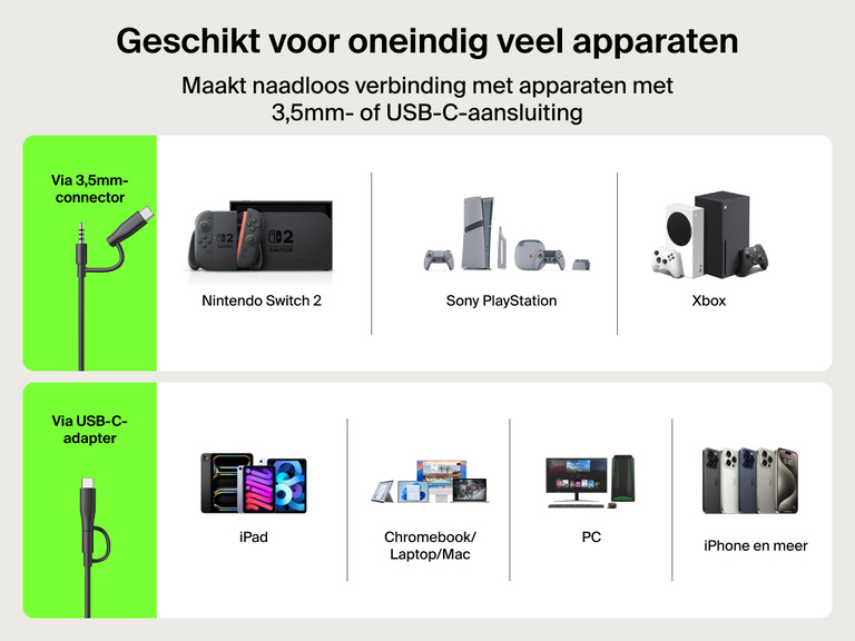 Overzicht van aansluitmogelijkheden van de Belkin Gaming Inspire bedrade headset voor kinderen voor de Nintendo Switch 2, om te laten zien dat hij compatibel is met apparaten met 3,5mm- en USB-C-aansluiting, waaronder Nintendo Switch 2, PlayStation, Xbox, iPad, Chromebook, Mac, pc en iPhone.