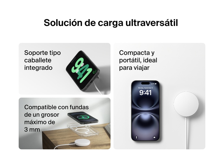 Se muestra una base magnética de carga inalámbrica con Qi2 de 15 W BoostCharge Pro de Belkin de color blanco utilizada en distintos ejemplos prácticos, con su soporte tipo caballete integrado, resaltando su portabilidad y diseño ideal para viajar o su compatibilidad con fundas de móvil de un grosor máximo de 3 mm.