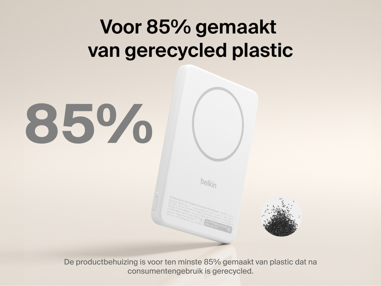 Belkin BoostCharge Slim Magnetic Power Bank 5K with Qi2 shown made with at least 85 percent post-consumer recycled plastic for a more sustainable portable charging solution.