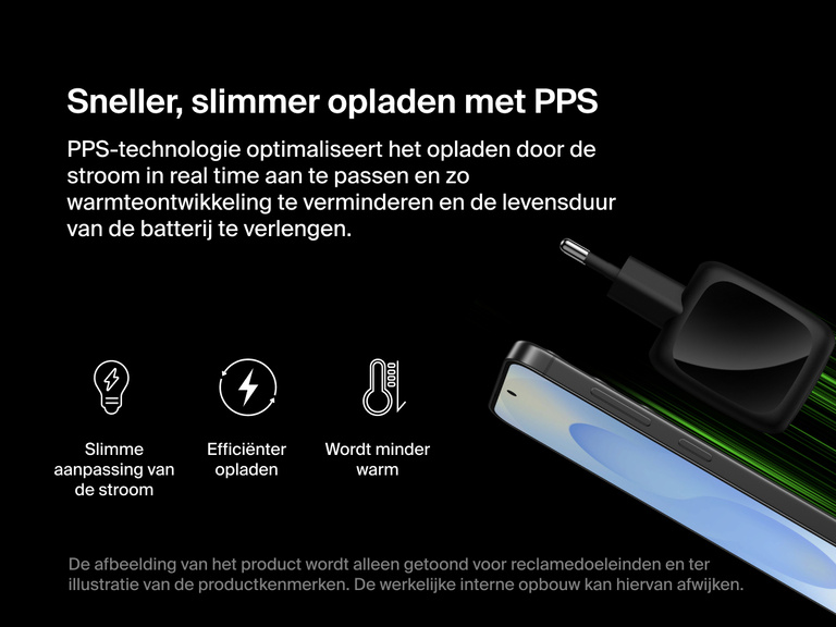Belkin BoostCharge Pro 2-poorts wandlader van 50 W met PPS-technologie voor slimme aanpassing van de spanning en stroom, verbeterde oplaadefficiëntie, minder warmteontwikkeling en een langere batterijlevensduur.