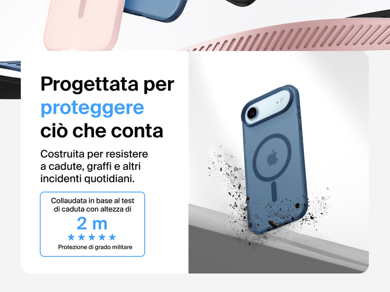 Belkin SheerForce Grip Series Case for iPhone 17 shown with textured grip and impact protection against drops.