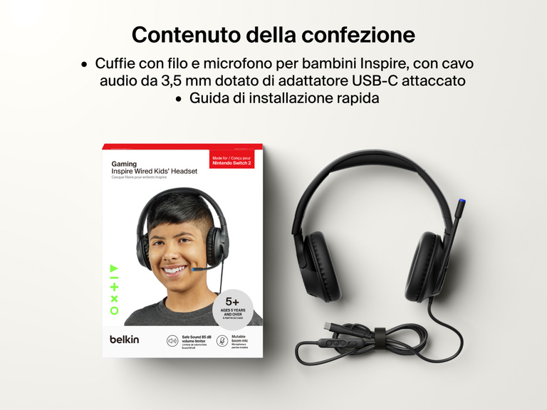 L'immagine mostra il contenuto della confezione delle cuffie con filo e microfono Inspire per Nintendo Switch 2 Belkin Gaming, che include un paio di cuffie con microfono e cavo audio da 3,5 mm, l'adattatore USB-C attaccato e la guida di installazione rapida.