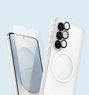 &ldquo;Clear protective phone case and screen protector shown aligned with a smartphone, highlighting camera cutouts and MagSafe-style ring on the back.