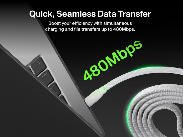 Belkin BoostCharge Pro Magnetic USB-C Cable 240W shown connected to a laptop, supporting fast charging and seamless data transfer speeds up to 480 Mbps.