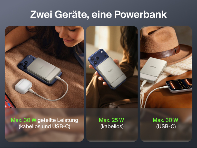 Belkin UltraCharge Slim Magnetic Power Bank 10K shown powering devices across everyday carry, work, travel, and business use scenarios with magnetic wireless charging and portable design