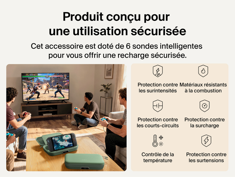 Belkin Gaming Charging Case Pro for Nintendo Switch 2 shown in a living room setup highlighting engineered safety features including temperature monitoring, overvoltage protection, overload detection, and fire-resistant materials.