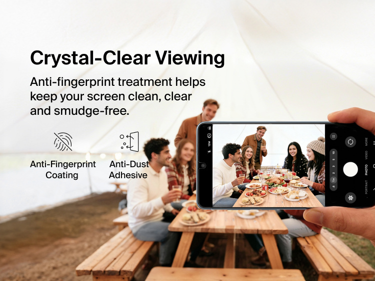 Belkin ScreenForce Titan EcoGuard Red Light Screen Protector for Samsung Galaxy S26 delivering crystal-clear viewing with anti-fingerprint coating and anti-dust adhesive to keep the display clean, clear, and responsive.