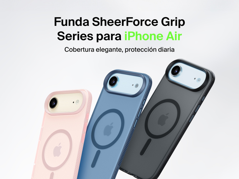 Belkin SheerForce Grip Series protective case for iPhone 17 shown in pink, clear, and black with slim design and MagSafe compatibility.
