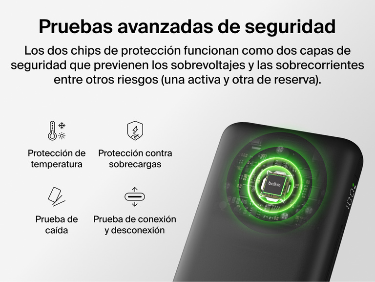 Belkin UltraCharge Pro Laptop Power Bank 25K featuring dual-chip safety protection with safeguards against overvoltage, overcurrent, temperature and drop impact
